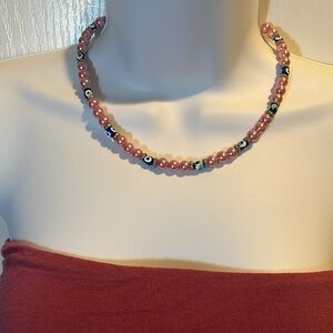 Vintage Pink Pearls With Evil Eye Necklace